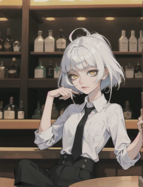 masterpiece, best quality, upper body, 1girl, white hair, yellow eyes, detailed eyes, half-closed eyes, shaded face, black necktie, medium breasts, collared shirt, black pants, sitting, elbow rest, (in a bar)