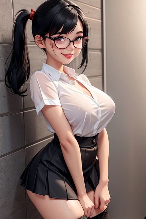 young girl, thin waist, round breasts, very large buttocks, very short mini skirt, school dress, wearing black garters, tight short shirt (very wet), crouched showing her tail, sexy, hot, black hair with two long pigtails, perfect face with glasses (smile, blush), mouth painted red (very full lips), unbuttoned shirt, breasts splashed with a lot of milk, torn clothes.
