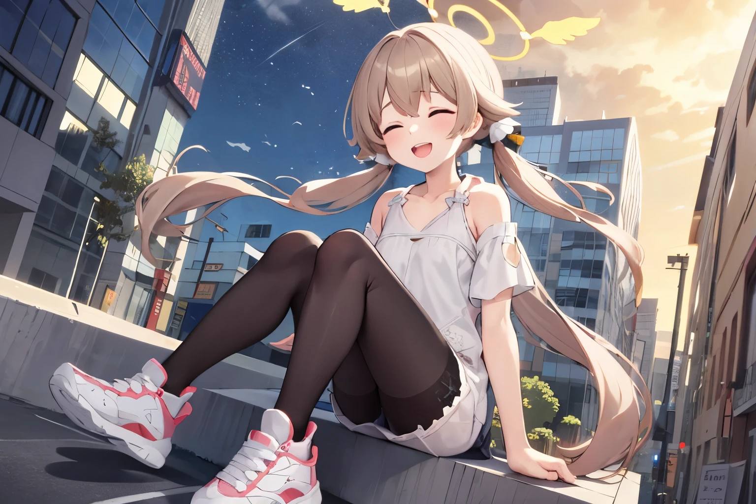 Ajitani Hihumi,1girl,solo,halo, Low twin tails, Light brown hair, , Black Pantyhose, sneakers, Medium chest, :d, close your eyes, alone, whole body, Happy. building, null, city.close.