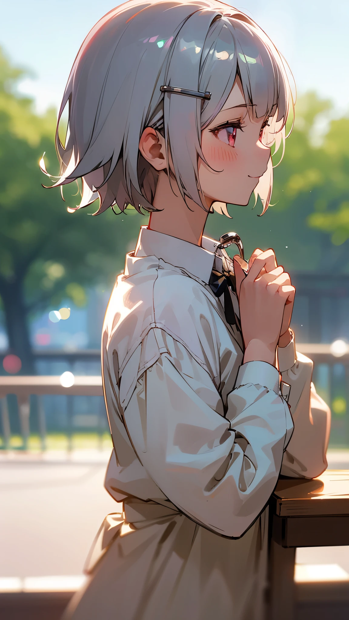 1girl、Short silver bob hair held together with a hair clip, Pink Eyes、I really like it、smile、profile、Face close-up、Morning Cafe Terrace、Background blur, Written boundary depth