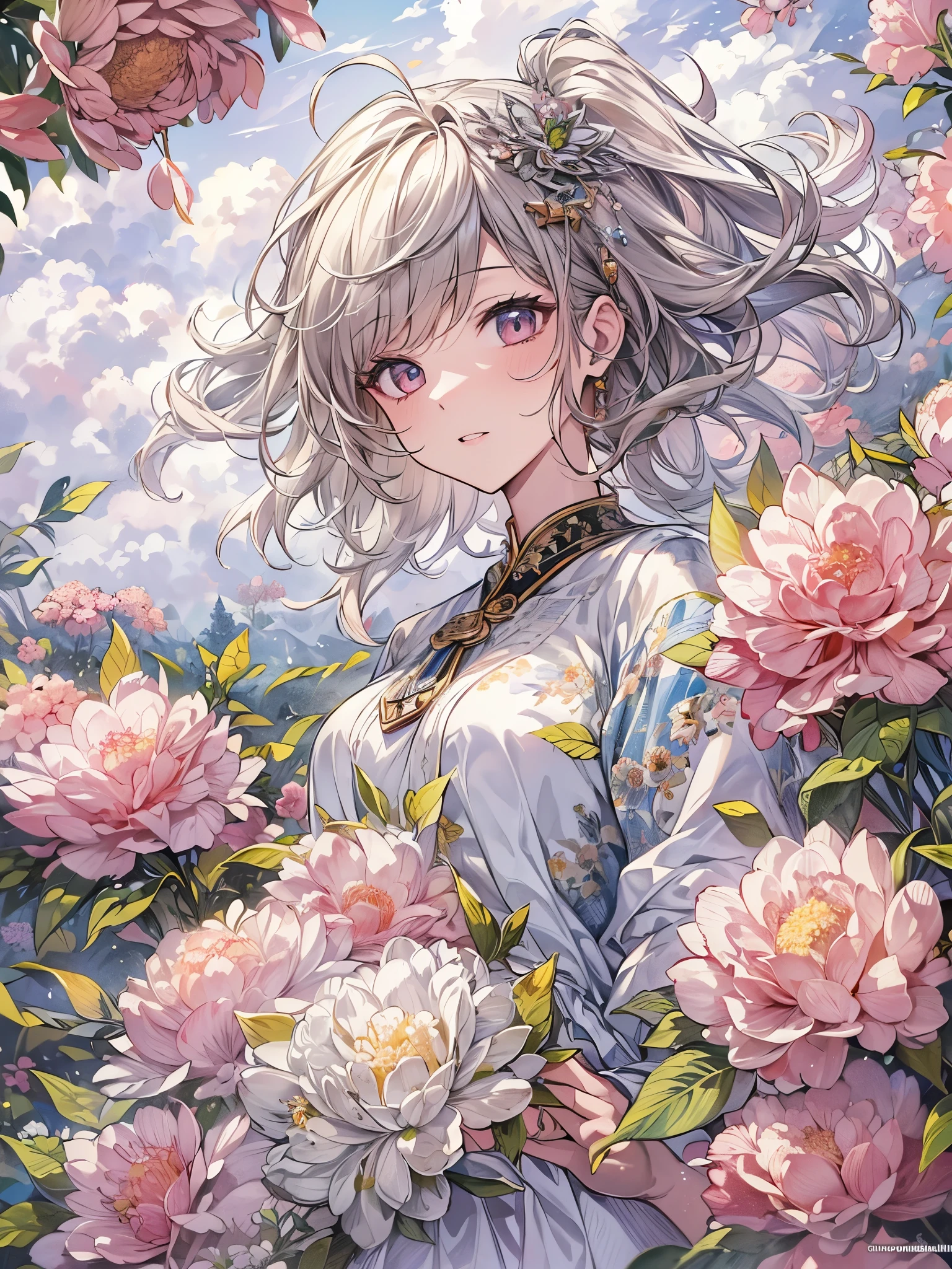 ((highest quality)),(Ultra-high resolution),(Very detailed),(Detailed Description),((The best CG)),(A masterpiece),Ultra-detailed art,Amazing drawing art,(Art with precise detail:1.5), flower, cloud, Wind,