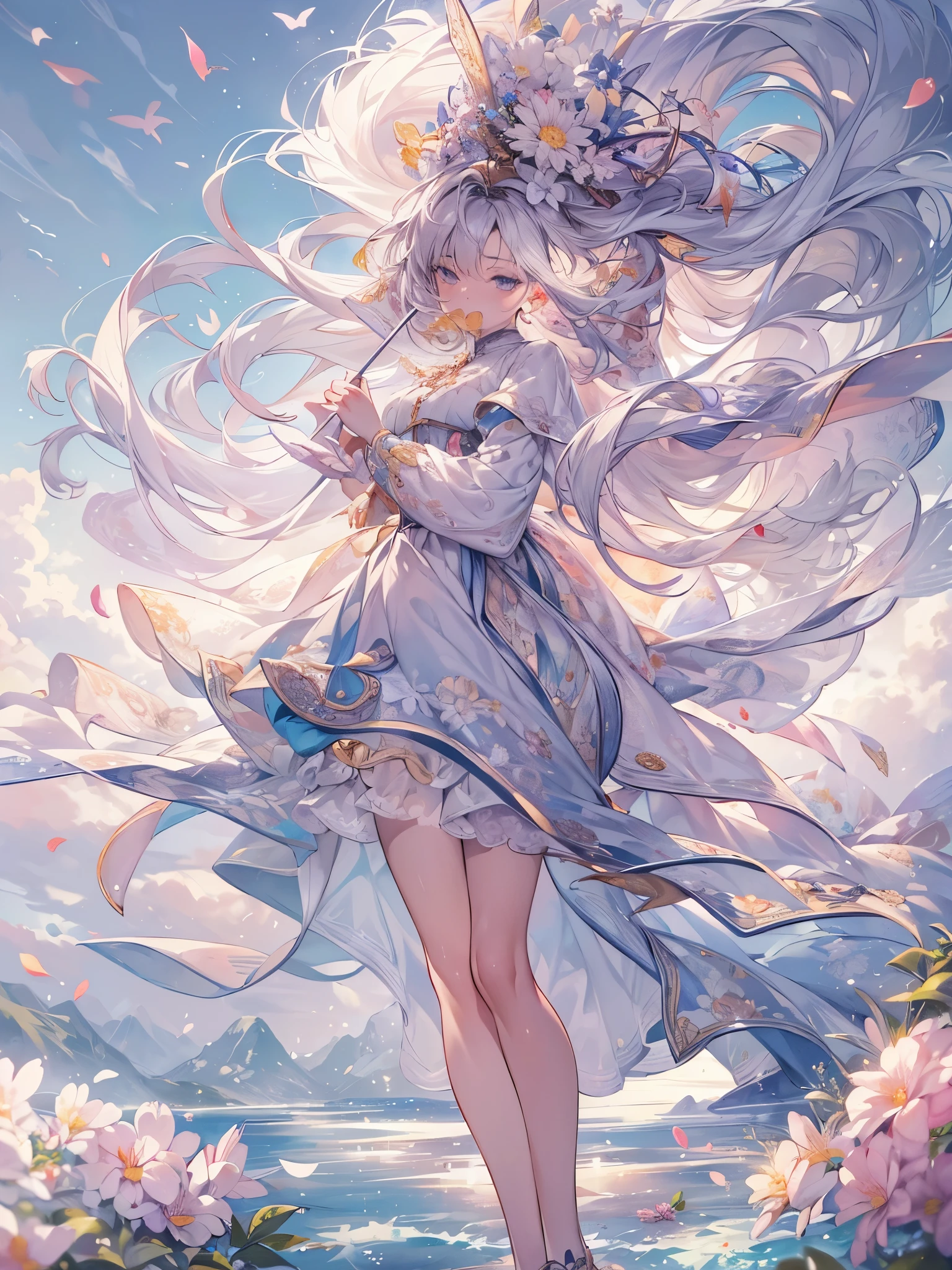 ((highest quality)),(Ultra-high resolution),(Very detailed),(Detailed Description),((The best CG)),(A masterpiece),Ultra-detailed art,Amazing drawing art,(Art with precise detail:1.5), flower, cloud, Wind,