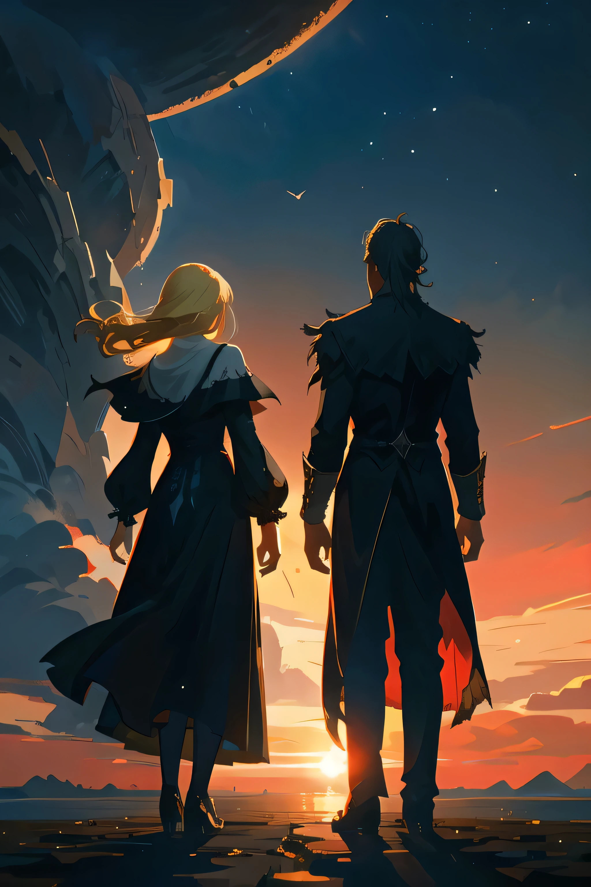 (1 dark man, 1 blonde girl), dawn sky background, masterpiece , Standing Back to Back, Brother and sister, Fantasy Characters