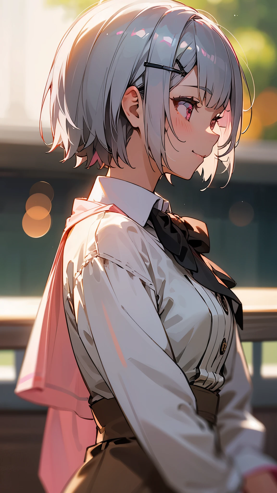 1 Girl、8k、Sharp focus、(Bokeh) (highest quality) (Detailed skin:1.3) (Intricate details) (anime)、Short silver bob hair held together with a hair clip, Pink Eyes、smile、I really like it、profile、Upper body close-up、Morning Cafe Terrace、Background Blur, Written boundary depth