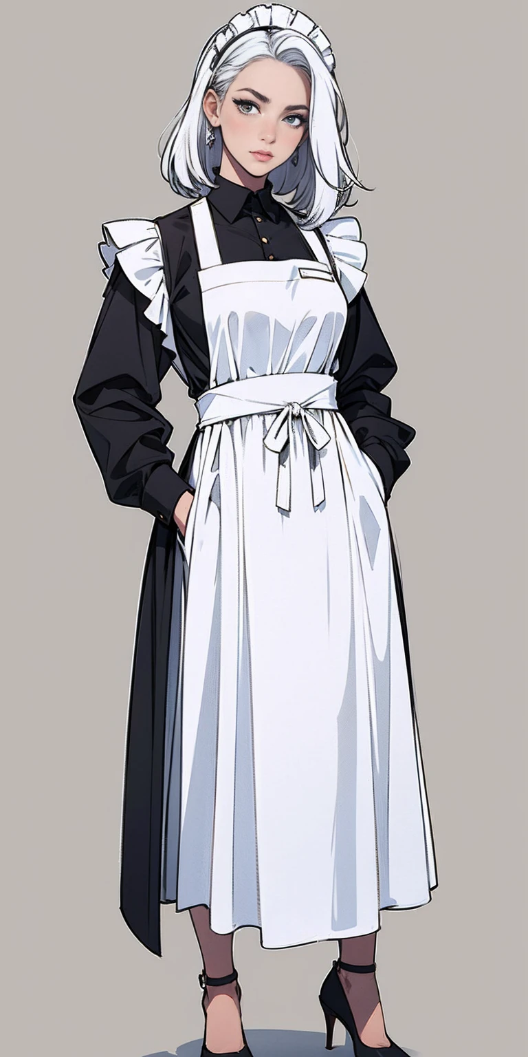 (Masterpiece, plain background:1.2) 1sologirl standing metal high heels, straight, long messy white hair, maid armor outfit, hands inside pockets, white apron with pockets