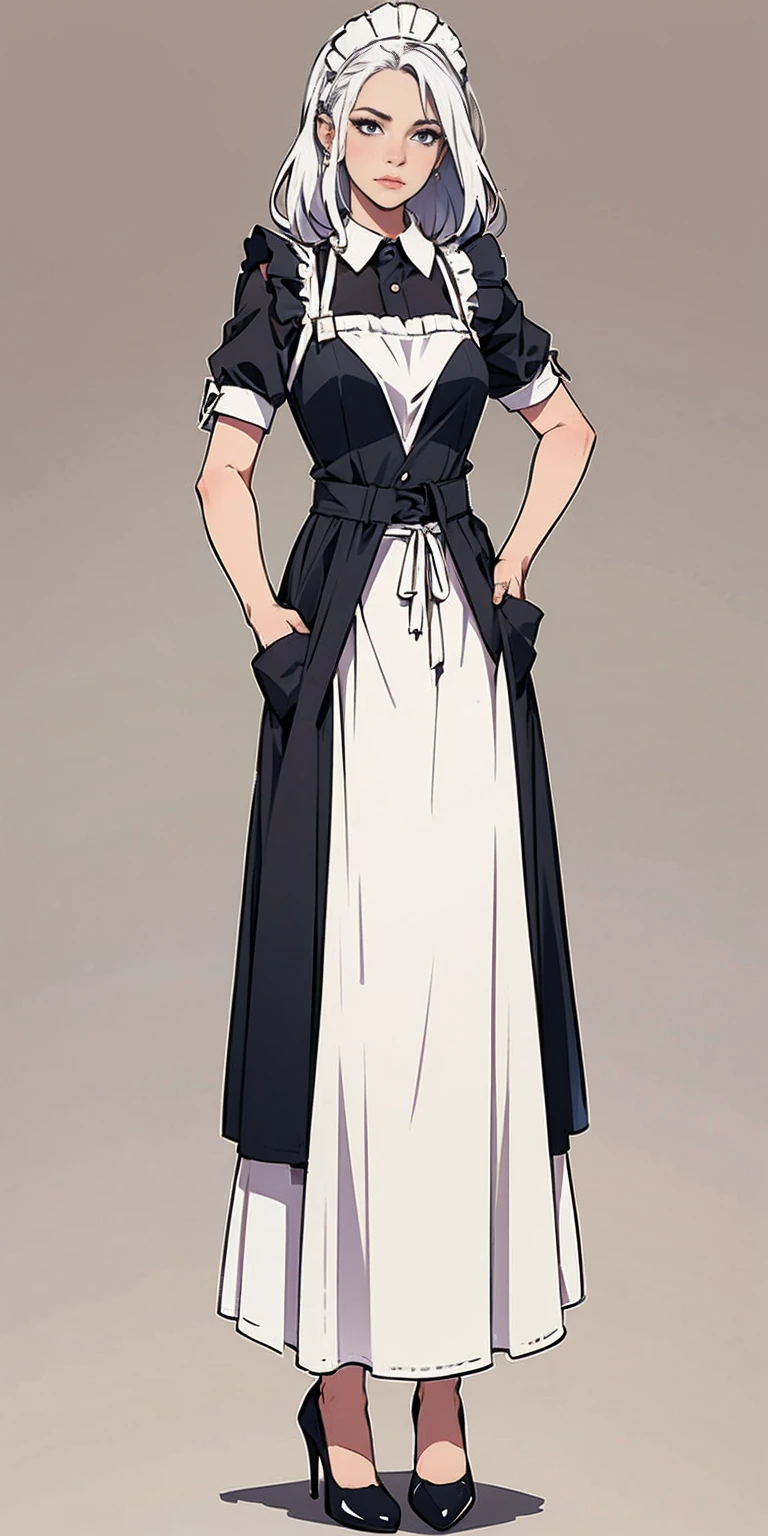 (Masterpiece, plain background:1.2) 1sologirl standing metal high heels, straight, long messy white hair, maid armor outfit, hands inside pockets, white apron with pockets