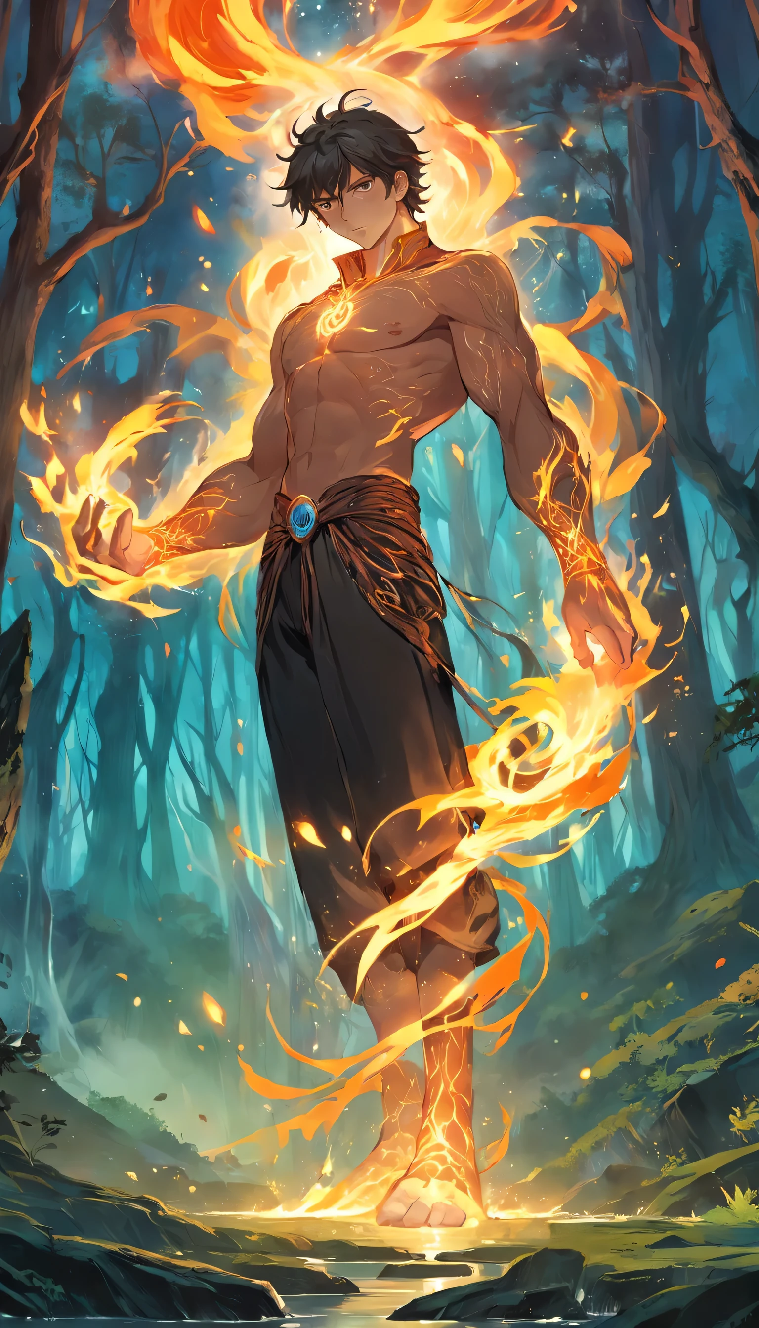 In the middle of an ancient, overgrown forest, The essence of magic is shaped by a young man, His hair is dark as shadows and his eyes glow golden. A mysterious mark decorates his neck, Sparkling with hidden power. Within the clearing, He stands immersed in a torrent of cascading flames, The heat of the fire tempered other worldly energy. While the magical fire rises and dances, It conjures a swirling dance of luminous particles, Every part of his ethereal aura. Mysterious symbols materialize in the atmosphere, Their glow cast an eerie light on his intense concentration. The scene exudes a sense of ancient power and hidden knowledge, As if the forest itself is alive with long-forgotten secrets. The mood is of quiet severity, Where the balance of nature and magic intertwine. The illustration style captures this mystical aura through detailed digital art, Combining complex lines with vibrant color palettes. - With 16:9- 5 o’clock