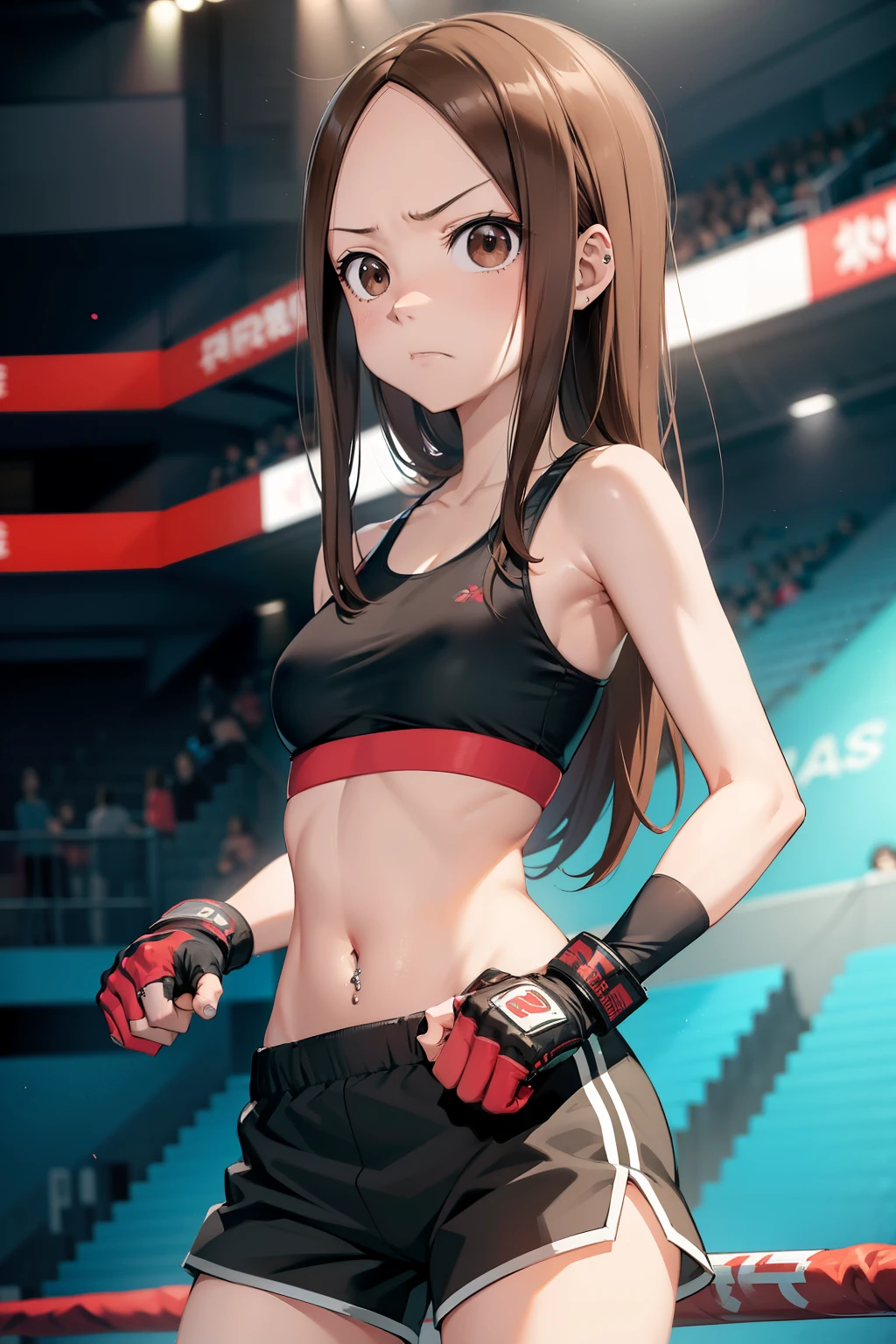 Takagi-san  ,solo 1girl,  angry, serious face ,  long hair,  sport bra , ringue  de luta , sport shorts , boxe Gloves .  Standing pose . Belly button piercing . Badass walpaper.  Serious  fight . Luta .