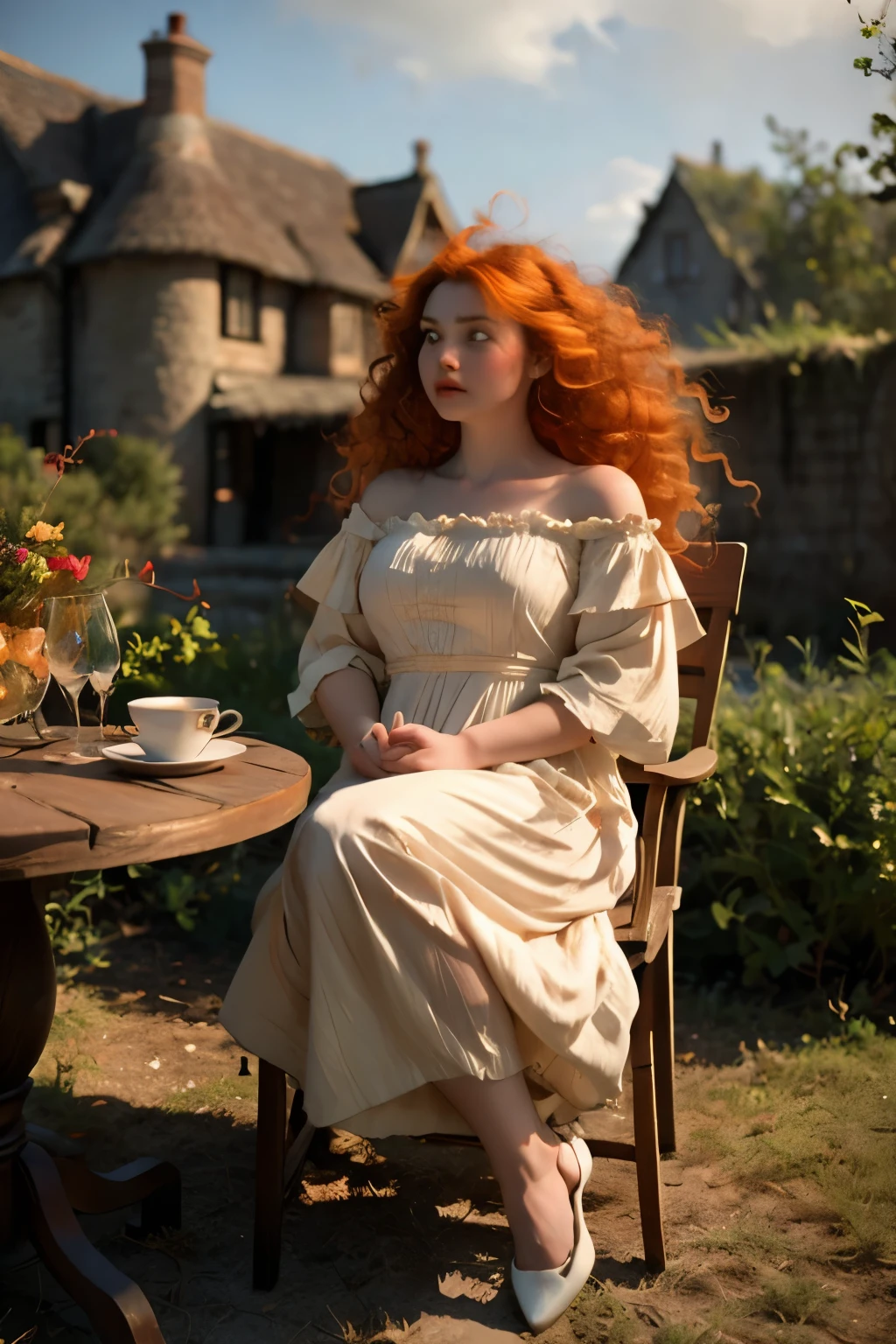 1girl, young woman, 23, long red hair and white dress, photorealistic disney, culture celtique, ginger hair, sad look, very messy hair, very curly hair, very thick hair, lot of hair, long hair, orange hair, carrot colored hair, bright orange hair, brown eyes, look unfocused, looking away, white victorian dress, ruffled dress, long dress, maxi dress, doll-like, sipping tea, in a big garden, house in the background, house far away from the girl, sitting on a garden chair, with garden tea table, occidental architecture, countryside, in a plain, in the middle of the forest, thick build, long curly puffy red hair, fourrure stylisée disney, par Gu Hongzhong, a character based on a haggis, orange tint, incredibly disheveled, very untidy hair, disheveled hair