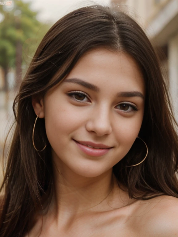 Photo of a 20 year old brunette woman, that has a very natural face, thin lips, thin eyes, thin eyebrows, thin nose, earrings, long eyelashes. She make a cute smile in front of camera
