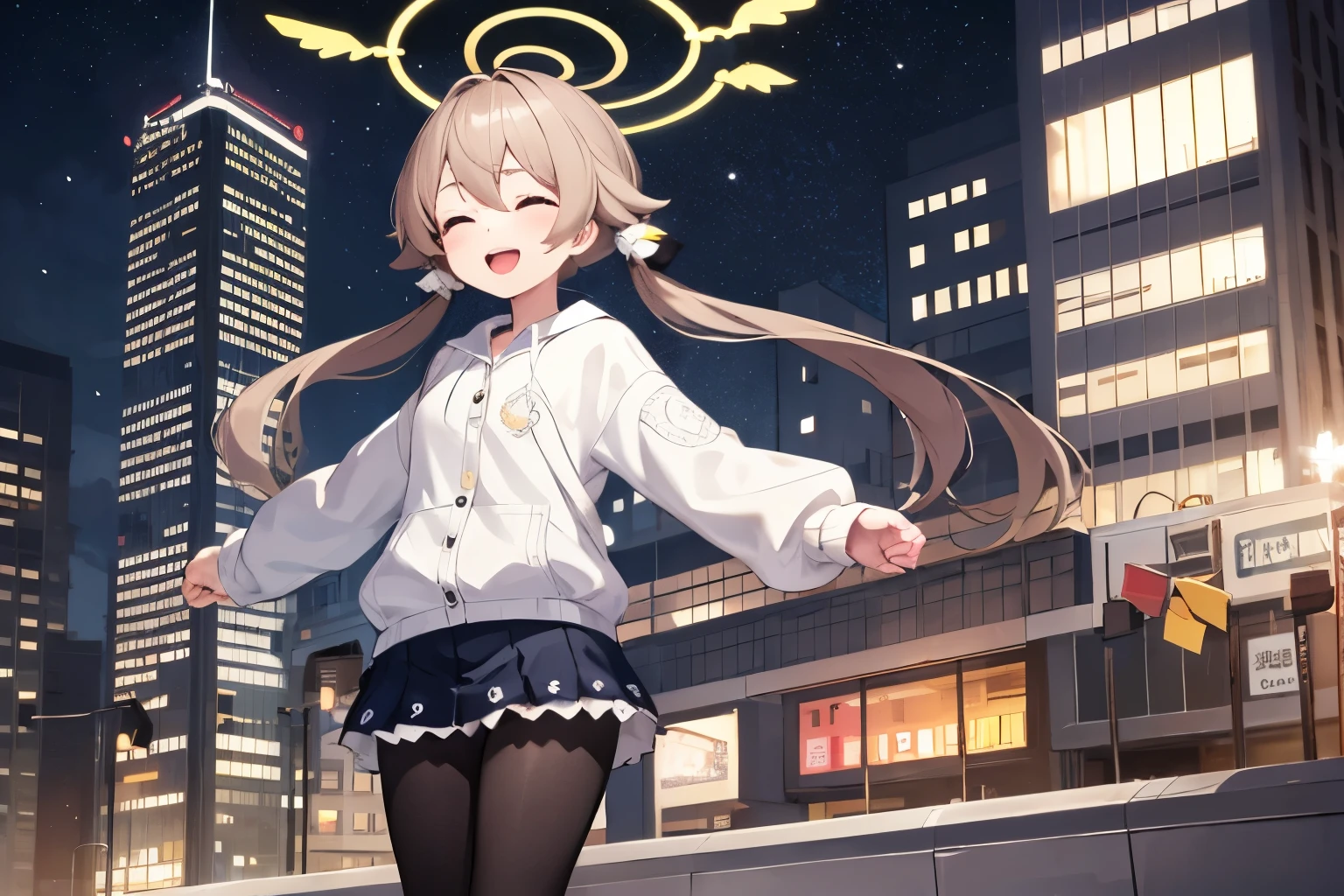 Ajitani Hihumi,1girl,solo,halo, Low twin tails, Light brown hair, , Black Pantyhose, sneakers, Medium chest, :d, close your eyes, alone, whole body, Happy. building, evening,null, city.close.