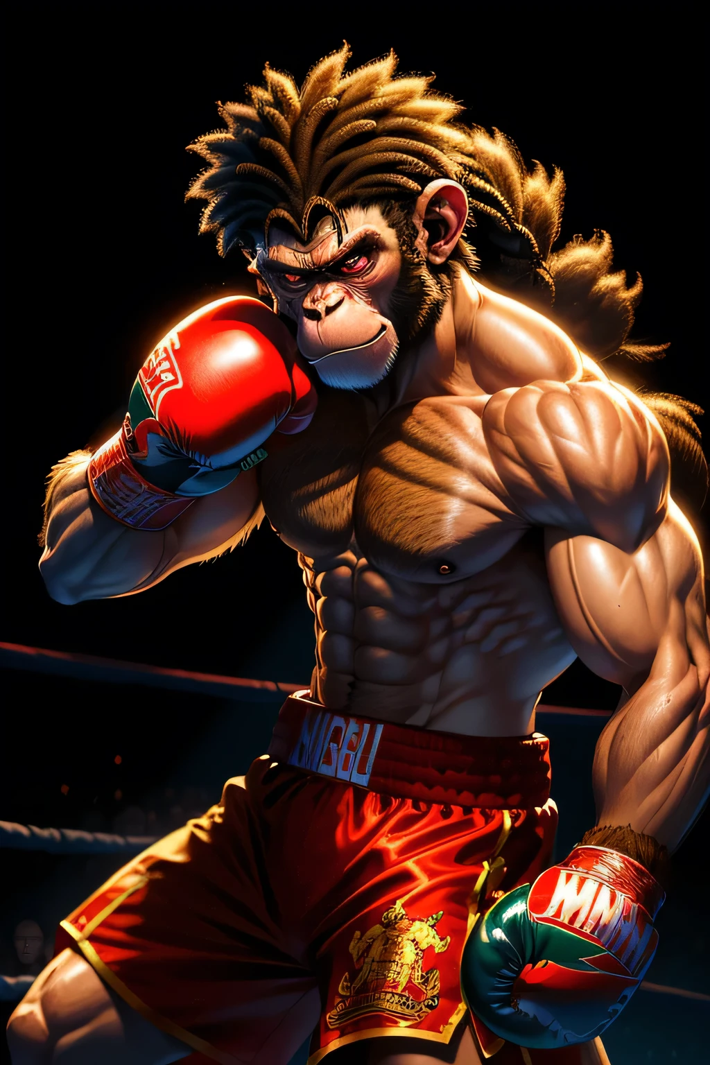Digital Artwork: High Definition (HD) Masterpiece
Title: Simian Warrior in the Ring
In the center of the frame, an aggressive-looking monkey, muscular and imposing, is seen with a determined gaze and clenched fists, adorned in boxing gloves that gleam under the spotlight. His disheveled fur is matted and razor-sharp, radiating an air of primal intensity.
The monkey's boxing gloves, intricately detailed and lifelike, are marked with the initials of a legendary trainer, each detail bringing the object to life. The monkey's paws, flexed in a fighting stance,