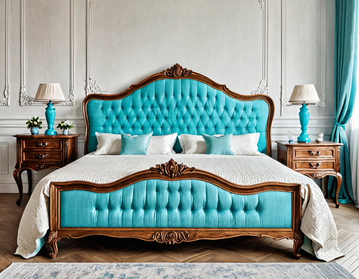 classic wooden large bed , view in front , cyan textile