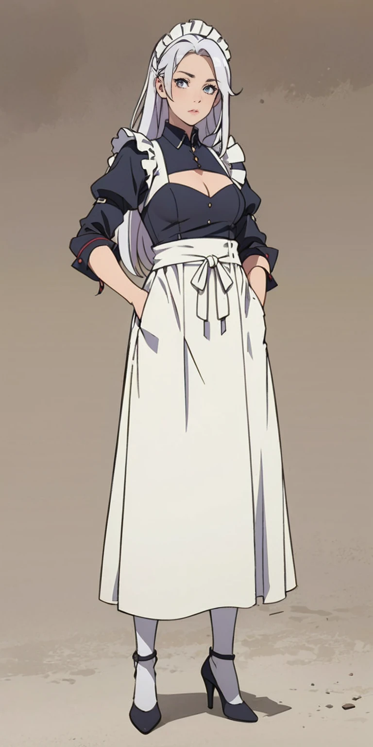 (Masterpiece, plain background:1.2) 1sologirl standing metal high heels, straight, long messy white hair, maid armor outfit, hands inside pockets, white apron with pockets