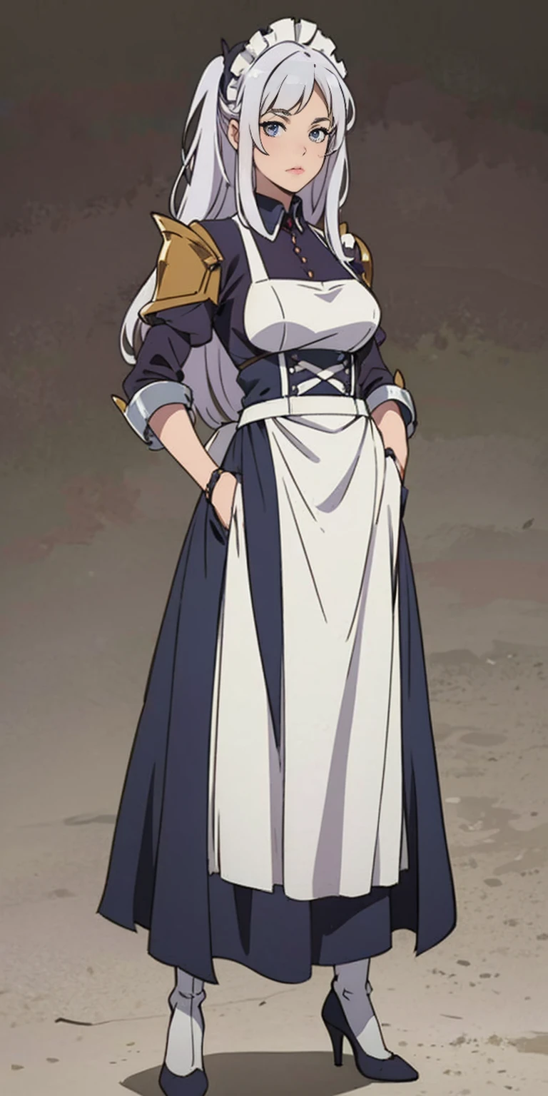 (Masterpiece, plain background:1.2) 1sologirl standing metal high heels, straight, long messy white hair, maid armor outfit, hands inside pockets, white apron with pockets