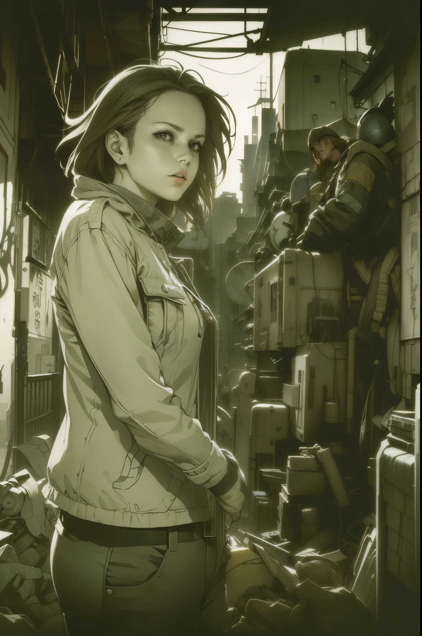 dynamicposes、(comic book style),(linear art_Anime),(masutepiece_Best Quality),(Cowboy Shot),Beautiful fece, (​masterpiece:1.2), (top-quality:1.2), perfect  eyes, face perfect, Perfect litthing, girl with、(jaket_Cargo pants),Background of Cyberpunk City、the complex background、