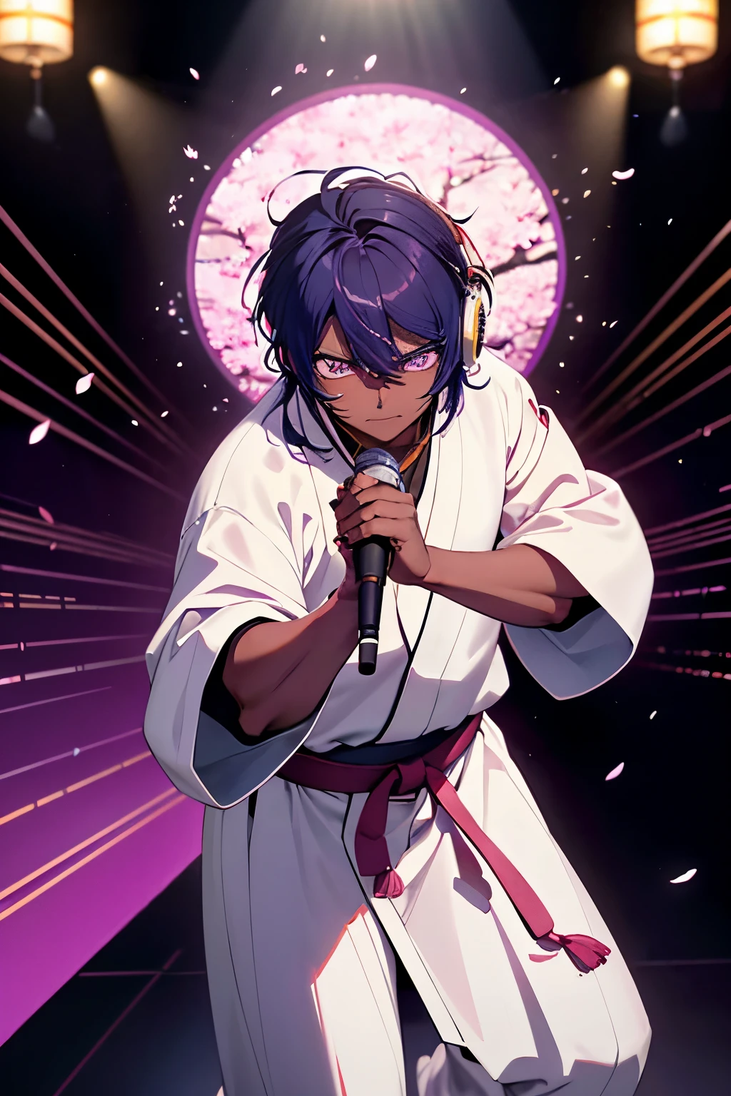 dark-skinned teenager with purple eyes, belting out a melody in a pristine Japanese music studio
immaculate white walls, high-resolution images of cherry blossoms, a traditional shoji screen slightly ajar
an oversized headset, mic in hand, his ensemble consisting of a loose black hakama and a white collarless juban
a detailed depiction of his limbs showing the subtle fluidity of his dance moves, his hands grasping the strings of a samisen
a vivid neon background pulsating in sync with the rhythm of the music, a determined look on his face as he pours his heart into his performance.