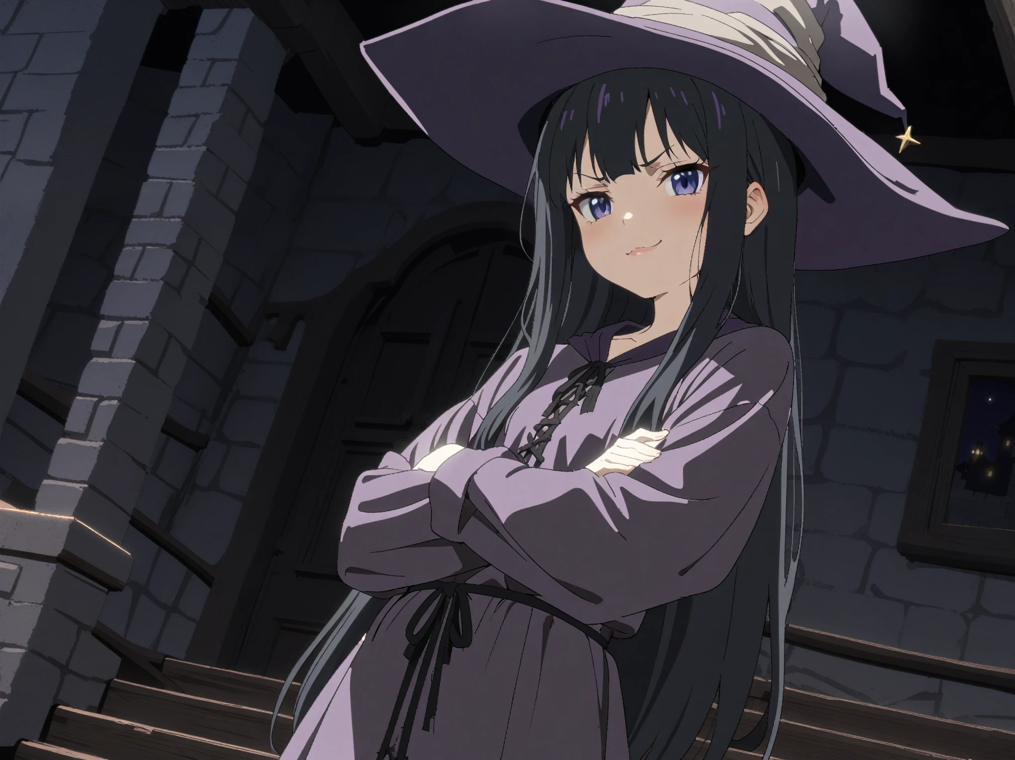 {{cowboy shot, dutch angle}} {{Artist: sincos}} 1girl, solo, black hair, long hair, purple eyes, straight hair, blue eyes, lips, small breasts, crossed arms, purple robe, witch hat, smug, looking at viewer, dark, night, indoors, mansion, stairwell, medieval fantasy.
