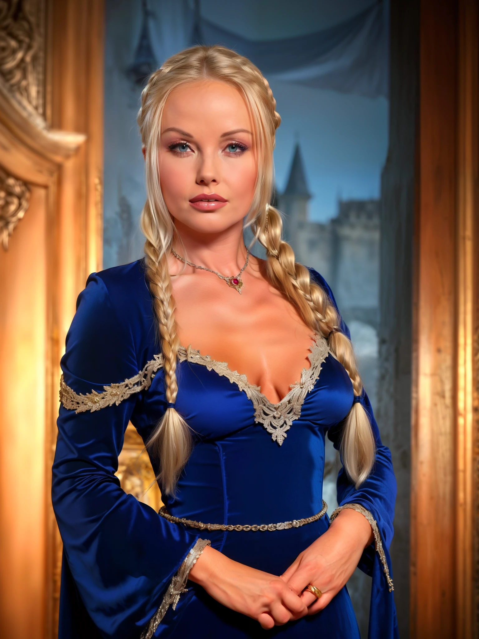 Film poster. Game of thrones theme , ((1 girl, solo, lonly,)) ((portrait in front a medieval castle)) . A British actress ((White Hair)) , (((50 years old))), old woman, (((she had silver hair in long, thick braids))) , pearls and rubies in her hair, purple eyes, pale and delicate skin, height and slenderness. She wore dresses of silk, (((wearing a elegant dark blue medieval dress, veludo)), velvet and brocade, in blue, green and silver, gold and silver jewelry with precious stones, a golden diadem with a three-headed Dragon. Adobe Illustration, trending on ArtStation, 8k, master part, arte linda, detalhes intrincados 