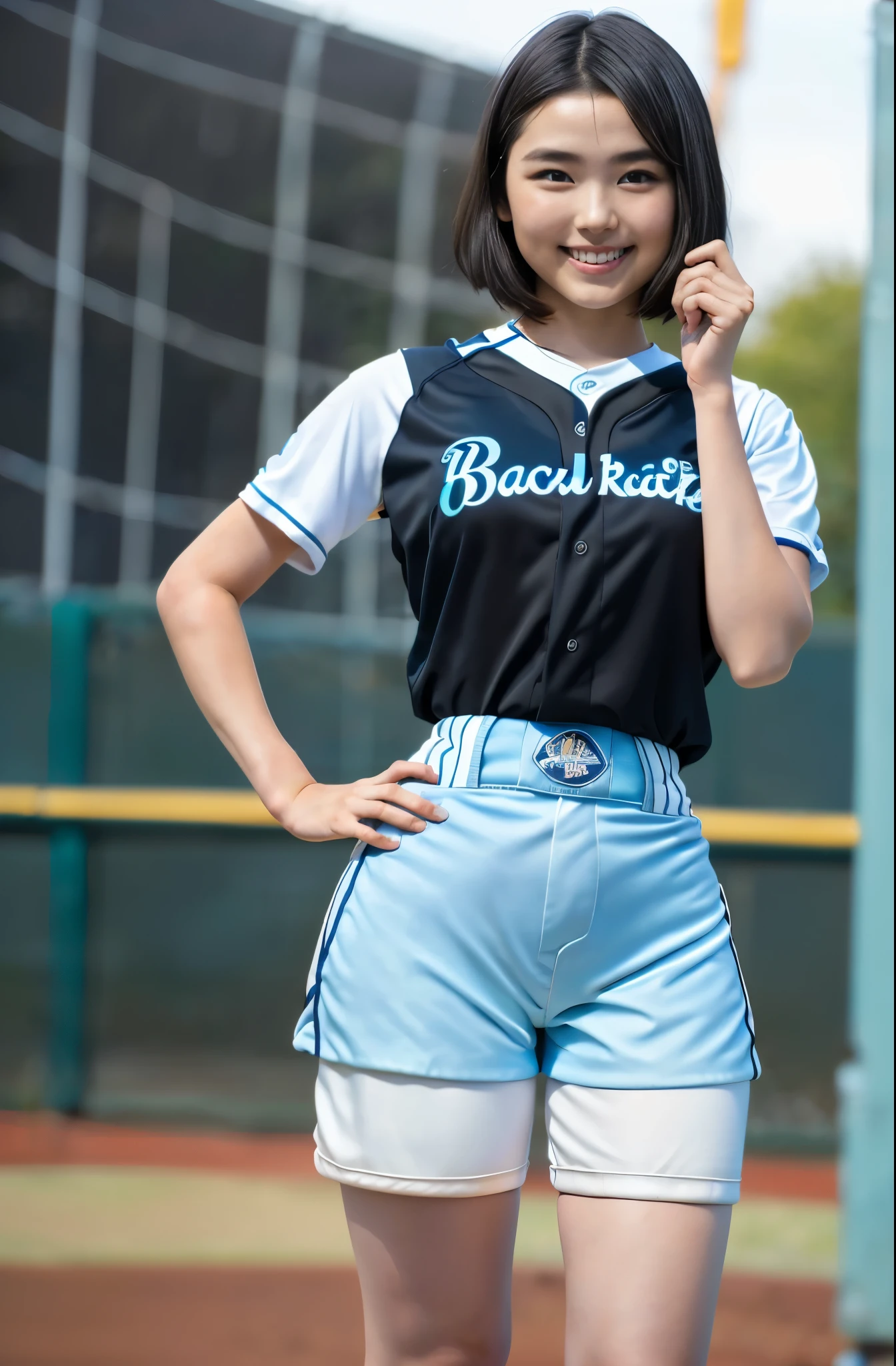 (8k、Raw photography、highest quality、masterpiece:1.2),(Black-haired、Very short hair:1.8),(ponytail:1.3)、View your viewers,Viewed from the front,White skin,(high school girl、Light blue baseball uniforms:1.7)、(Tight waist:1.6)、(Clothes that accentuate the shape of the breasts:1.0)、(Big Breasts :1.3)、Slim figure、Ultra-high resolution,beautiful,beautiful fece,(one person、No background:1.9),whole bodyボディー,Japanese women,(reality的:1.37)、Photon Mapping,reality、(Baby-faced and cute: 1.4)、(Cute Smile: 1.8)、(Round face: 1.8)、Radio City、Physically Based Rendering、Depth of field rally background、photograph, (I can see your knees、Very short white shorts、Thigh close-up:1.8),(:1.4),whole body、Great quality