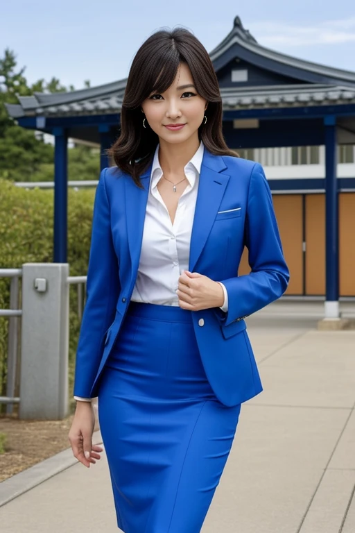 woman、Japanese、35歳のwoman教師、Cowboy Shot、slim、Beauty、Well-groomed face、Blue business suit with knee-length pencil skirt、Walk towards the viewer、Watching the audience。In the background is the school gate.、smile、Anatomically correct body