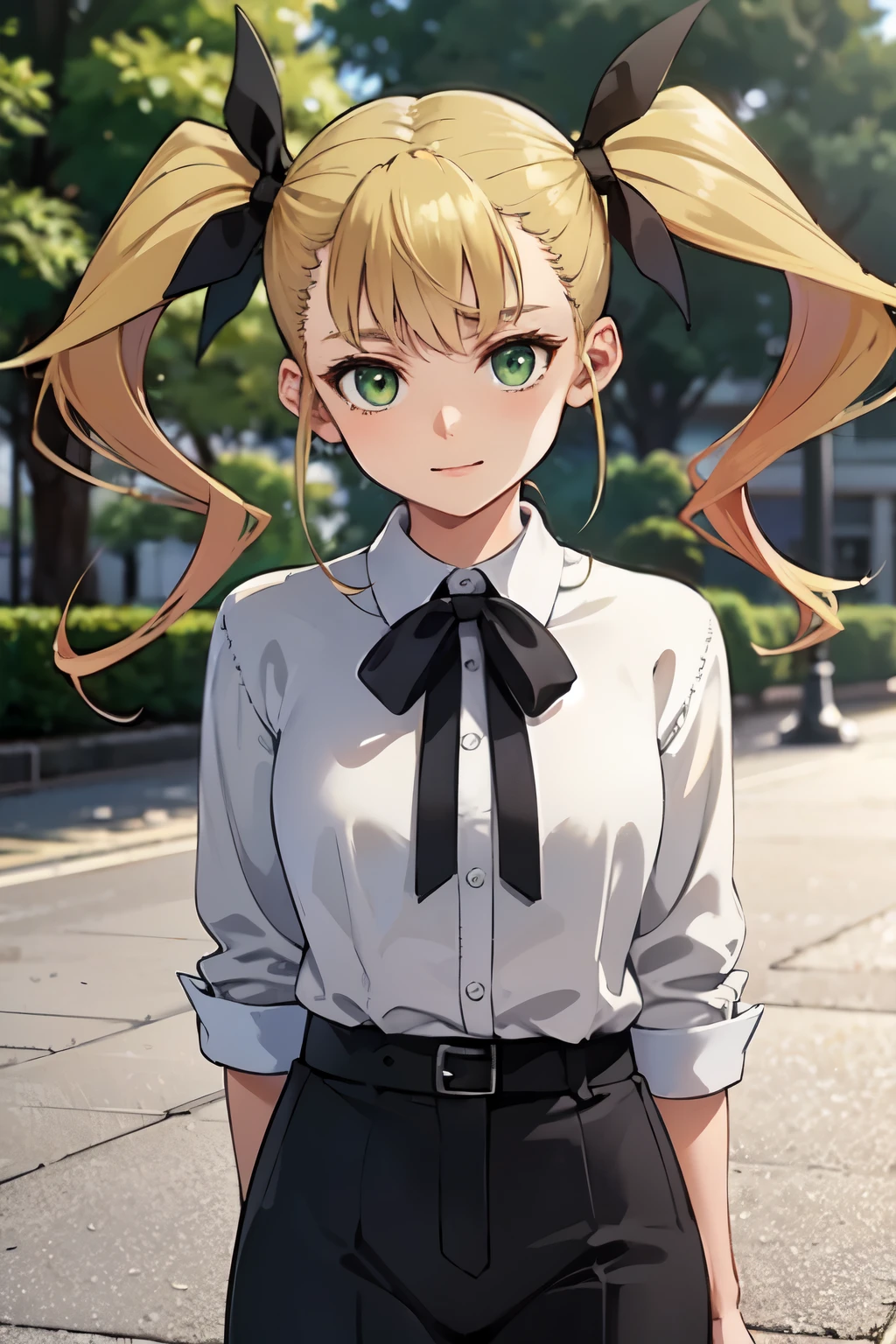 ((best quality)), ((masterpiece)), (detailed), perfect face. Asian girl. Blonde. Twintail. Black ribbon. Green eyes. Casual outfit.