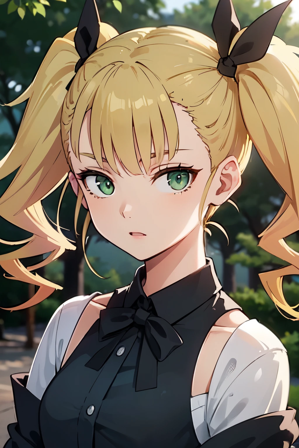 ((best quality)), ((masterpiece)), (detailed), perfect face. Asian girl. Blonde. Twintail. Black ribbon. Green eyes. Casual outfit.