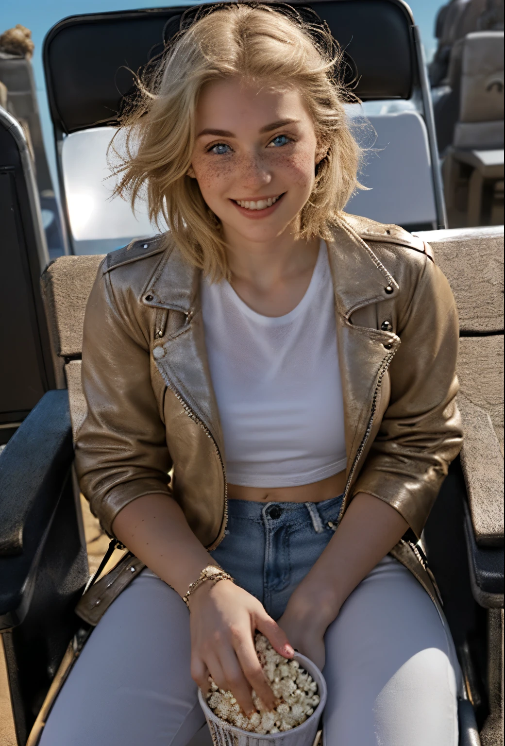 A 21-year-old girl named Kate with short blonde hair, beautiful medium-sized breasts, and a height of 1.60 meters. She has a British white style and light blue eyes. Kate is beautiful, with an angelic face and freckles around her nose. She is wearing a beige women's leather jacket with a white shirt, very light jeans, and white sneakers. Kate is sitting in a cinema chair with a bucket of popcorn in her lap, paying attention to the movie. Kate is happy