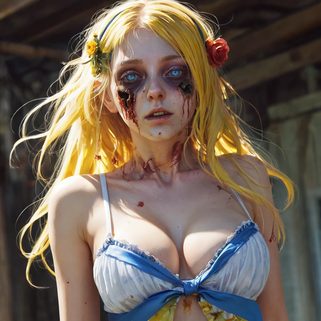 (finely detailed beautiful eyes and detailed zombie face,masterpiece sidelighting,masterpiece,best quality,detailed,high resolution illustration),, (topless zombie girl,whole body,sundress,lustrous skin,looking down,looking at viewer),, (yellow hair,blue eyes,ribbon, sheer clothes), (clothed_underbust:1.2),underboob