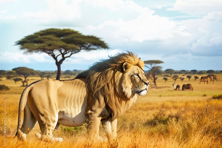 il y a un lion debout dans un champ avec un arbre en arrière-plan, on the plaines africaines, with the mane of'un lion, portrait d'un lion, savane africaine, Debout dans la savane, the mane of'un lion, plaines africaines, lion, Fond de safari, roi de la jungle, Lion's mane, paysage d'afrique, paysage majestueux