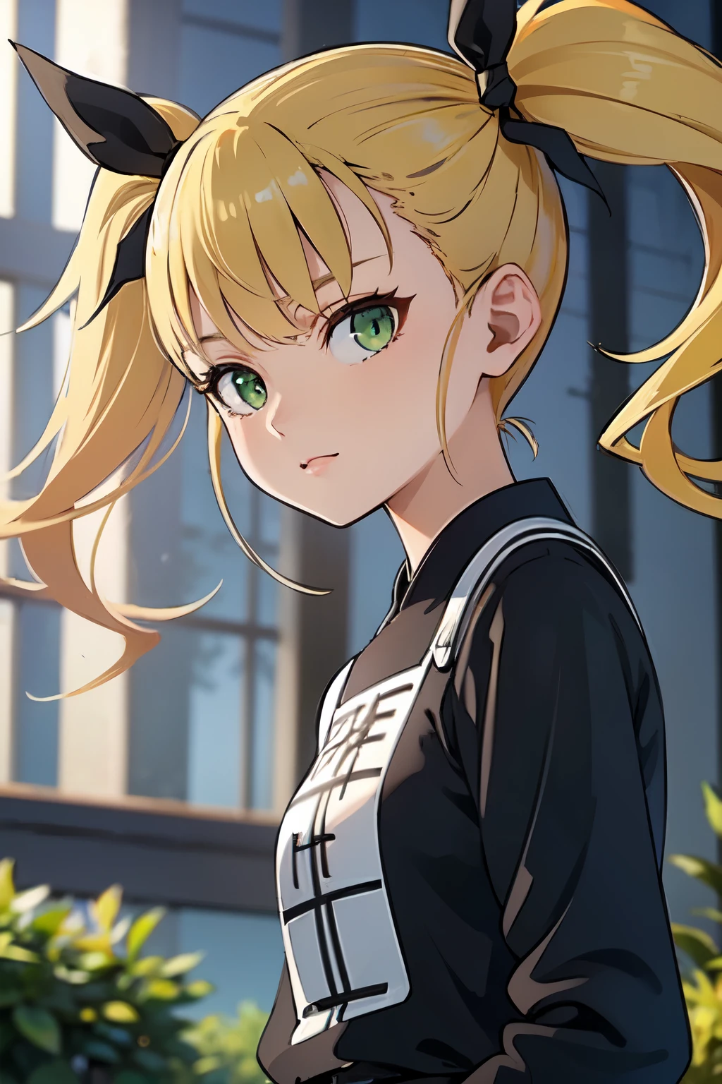 ((best quality)), ((masterpiece)), (detailed), perfect face. Asian girl. Blonde. Twintail. Black ribbon. Green eyes. Casual outfit.