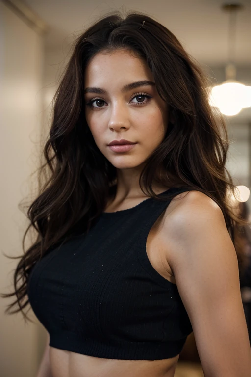 woman 29 years old, Latina, long brown little bit curly hair, blue eyes, perrfect face, prroffesional makeup like model, C and wearing black top