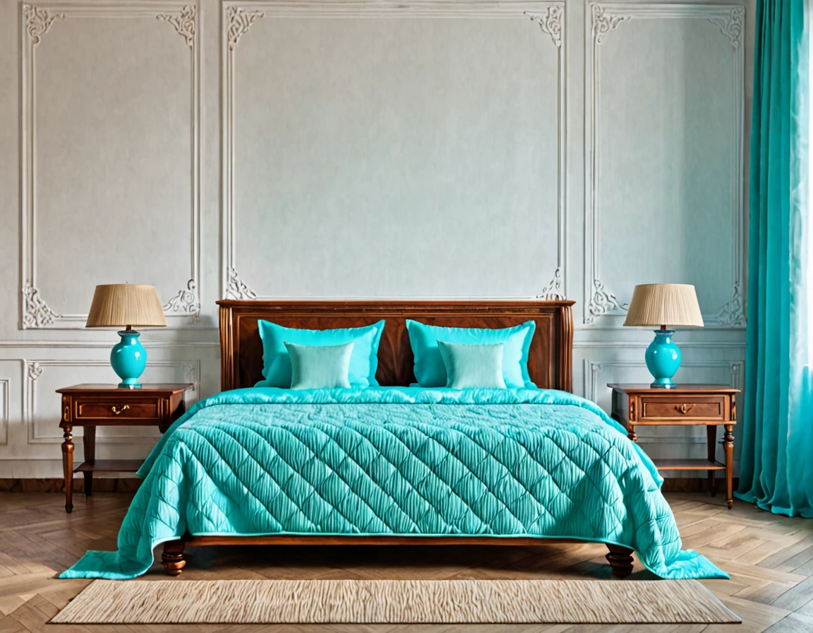 classic wooden bed two places , view in front , cyan textile
