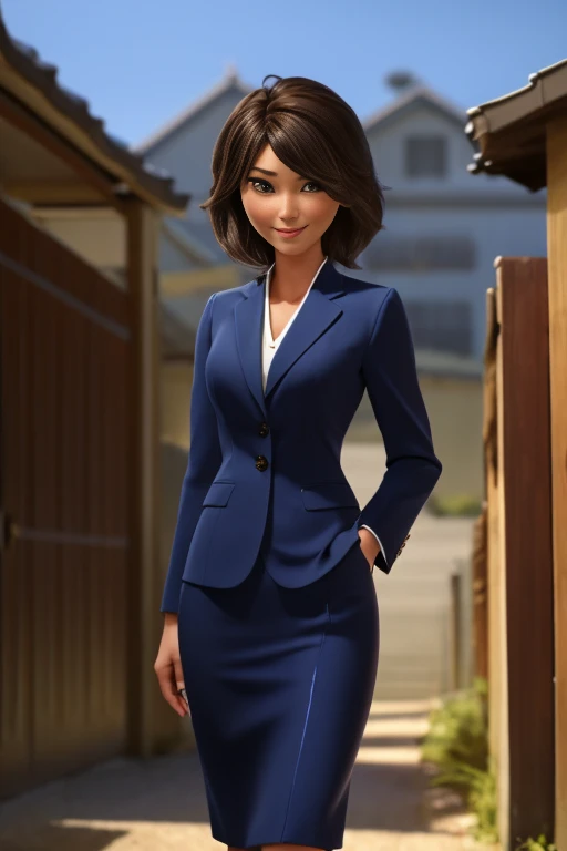 woman、Japanese、35歳のwoman教師、Cowboy Shot、slim、Beauty、Well-groomed face、Blue business suit with knee-length pencil skirt、Walk towards the viewer、Watching the audience。In the background is the school gate.、smile、Anatomically correct body