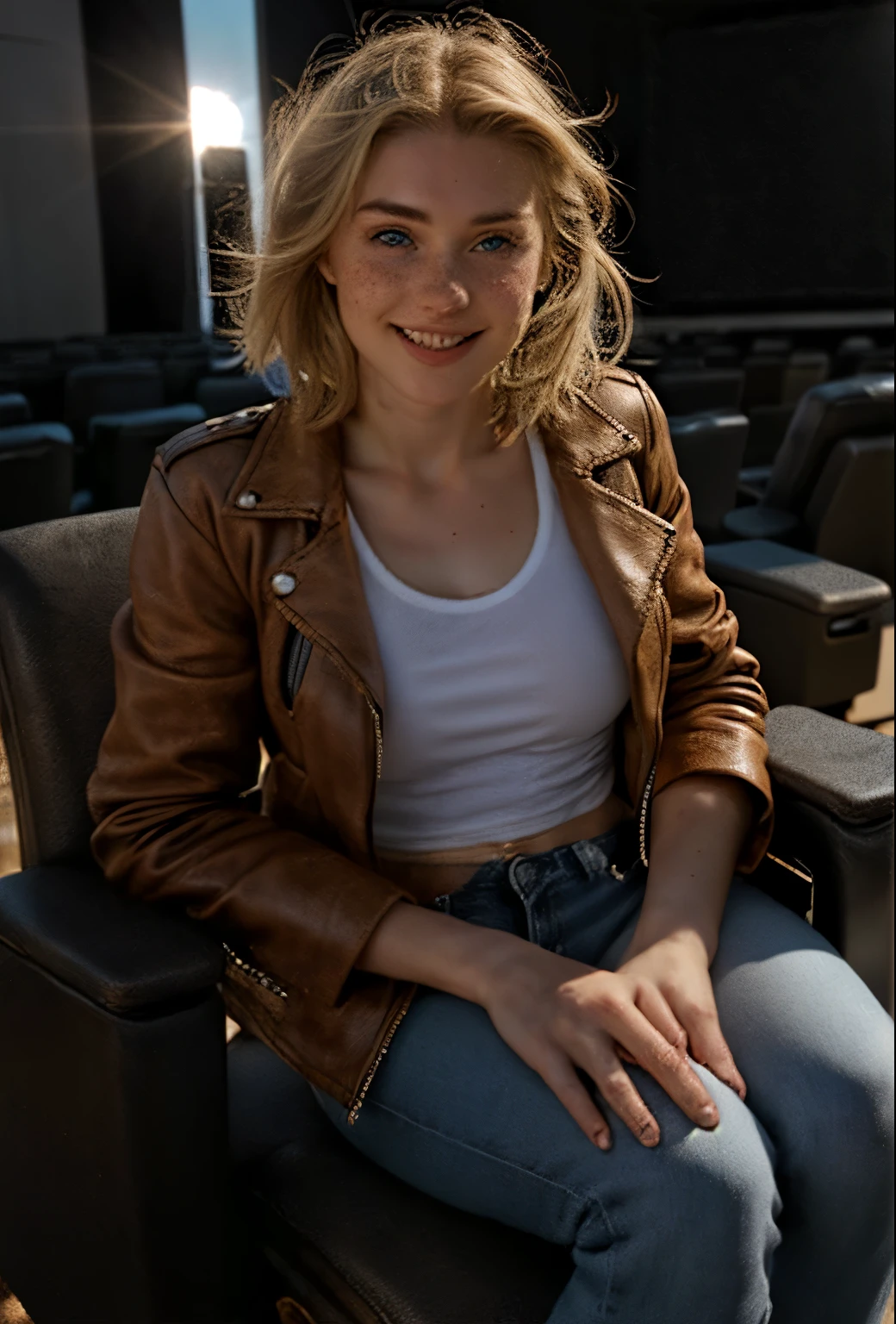 A 21-year-old girl named Kate with short blonde hair, beautiful medium-sized breasts, and a height of 1.60 meters. She has a British white style and light blue eyes. Kate is beautiful, with an angelic face and freckles around her nose. She is wearing a beige women's leather jacket with a white shirt, very light jeans, and white sneakers. Kate is in a cinema, sitting in a theater chair with a bucket of popcorn in her lap, paying attention to the movie. The room is dark with the light from the cinema screen reflecting on Kate's body. Kate is happy.