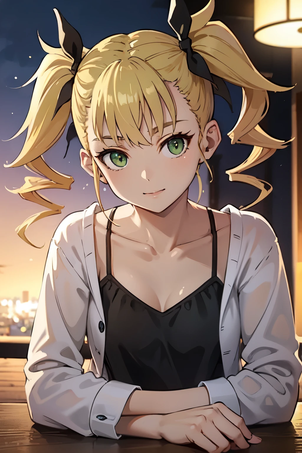 ((best quality)), ((masterpiece)), (detailed), perfect face. Asian girl. Blonde. Twintail. Black ribbon. Green eyes. Casual outfit.