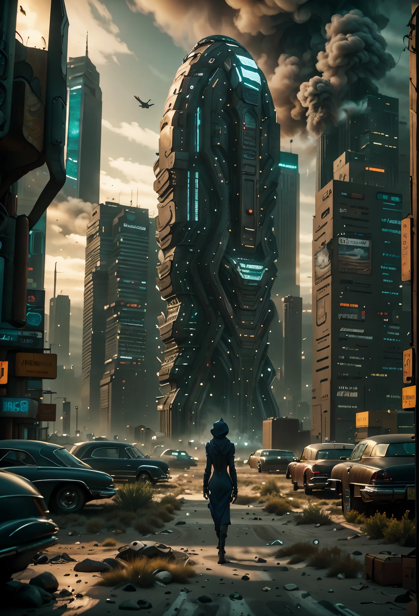 image taken from behind the shoulder of a GIRL with her back turned and DRESSED IN A HOOD from a balcony of a futuristic building with, She is looking at an aerial view of an ultra-futuristic North American megalopolis, view of the entire city with many metal buildings and houses in dark colors from dark blue to black, a cidade tem tons de cinza metal, has smoky metal structures , industrial environment with smoke and fog around, carros escuros nas ruas, desert megalopolis, trilhos e trens modernos de de metal passando estre as ruas da cidade, tall futuristic metal buildings, many ultra modern buildings around, , as realistic as possible, As detailed as possible, Science fiction
