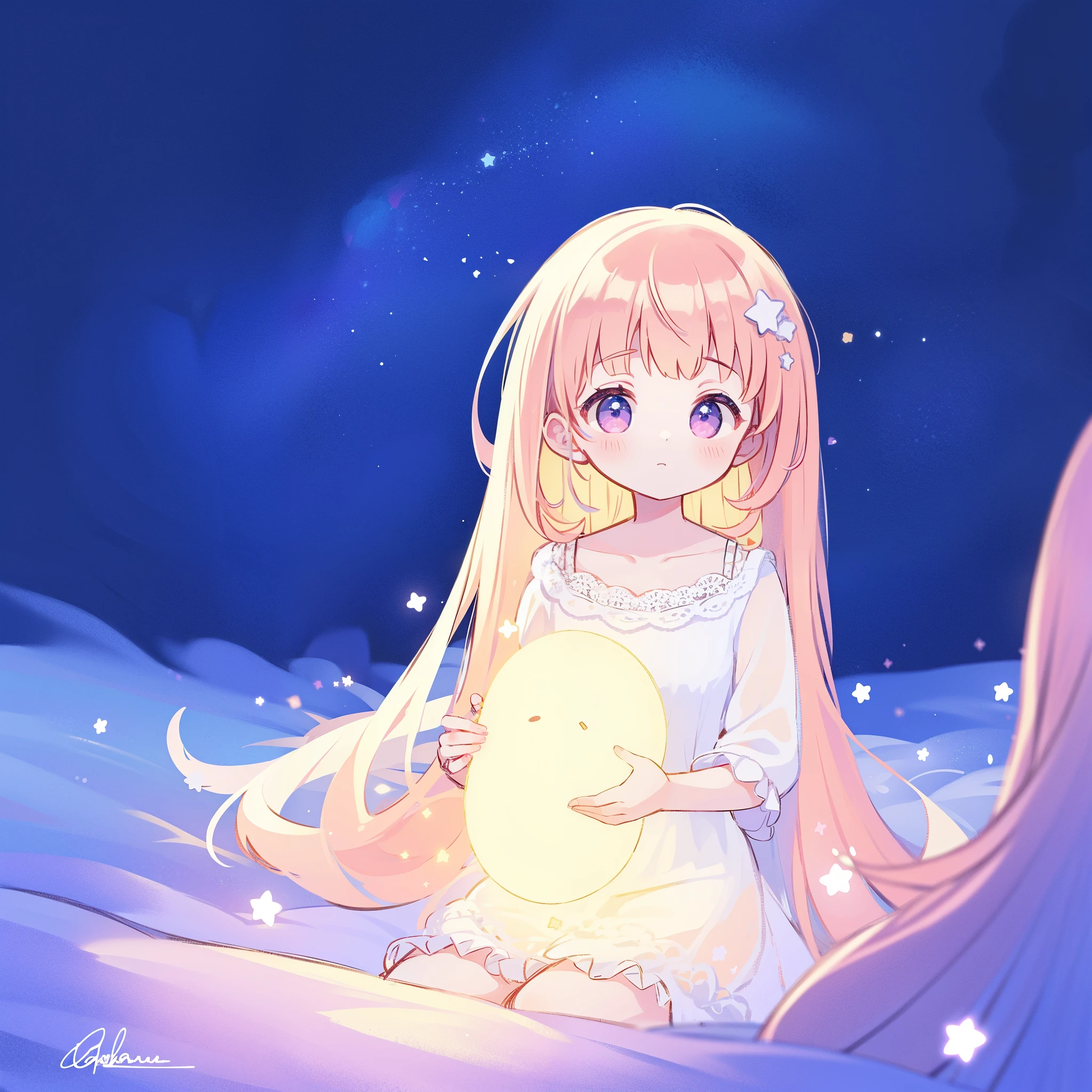 complex background, wishing star background, a woman wearing an ethereal mystical pink translucent doll dress, dreamy, peaceful, serene composition, glowing stars, glowing, complex drawing, highly detailed, ethereal, starry night, midjourney style