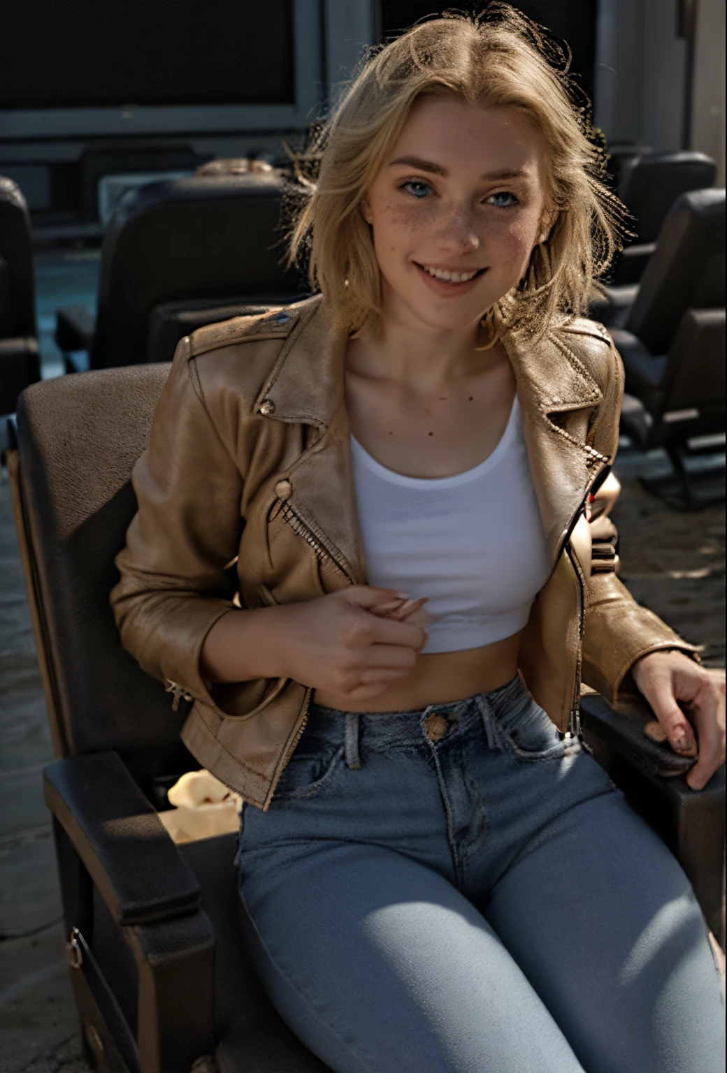 A 21-year-old girl named Kate with short blonde hair, beautiful medium-sized breasts, and a height of 1.60 meters. She has a British white style and light blue eyes. Kate is beautiful, with an angelic face and freckles around her nose. She is wearing a beige women's leather jacket with a white shirt, very light jeans, and white sneakers. Kate is in a cinema, sitting in a theater chair with a bucket of popcorn in her lap, paying attention to the movie. The cinema room is dark, with the faint light from the screen reflecting on Kate's body. Kate is happy.