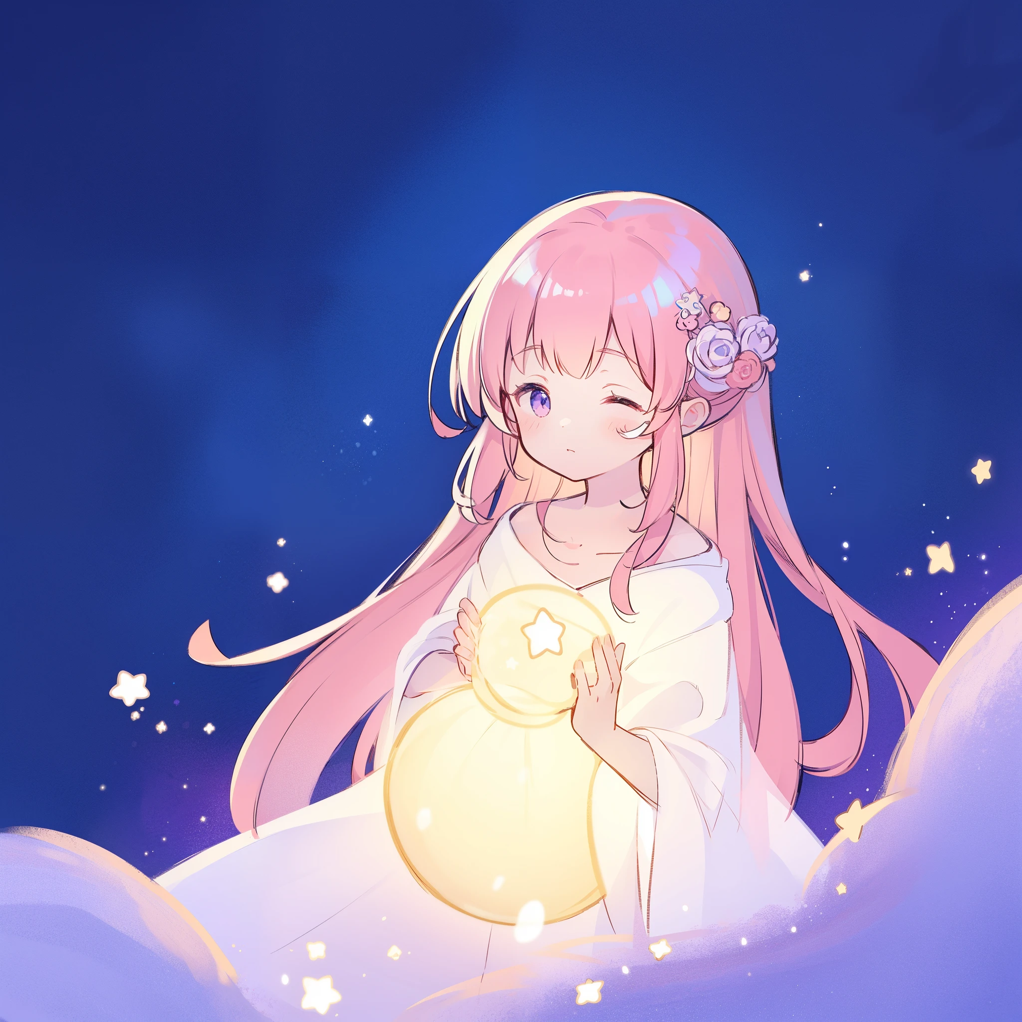 complex background, wishing star background, a woman wearing an ethereal mystical pink translucent babydoll dress, dreamy, peaceful, serene composition, glowing stars, glowing, complex drawing, highly detailed, ethereal, starry night, midjourney style