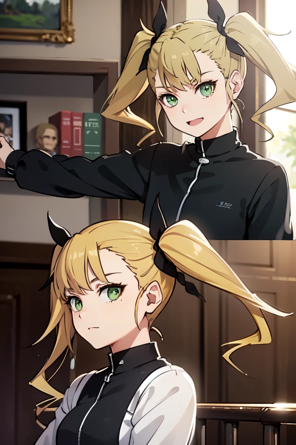 ((best quality)), ((masterpiece)), (detailed), perfect face. Asian girl. Blonde. Twintail. Black ribbon. Green eyes. Casual outfit.