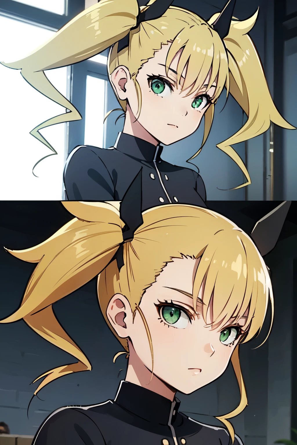 ((best quality)), ((masterpiece)), (detailed), perfect face. Asian girl. Blonde. Twintail. Black ribbon. Green eyes. Casual outfit.