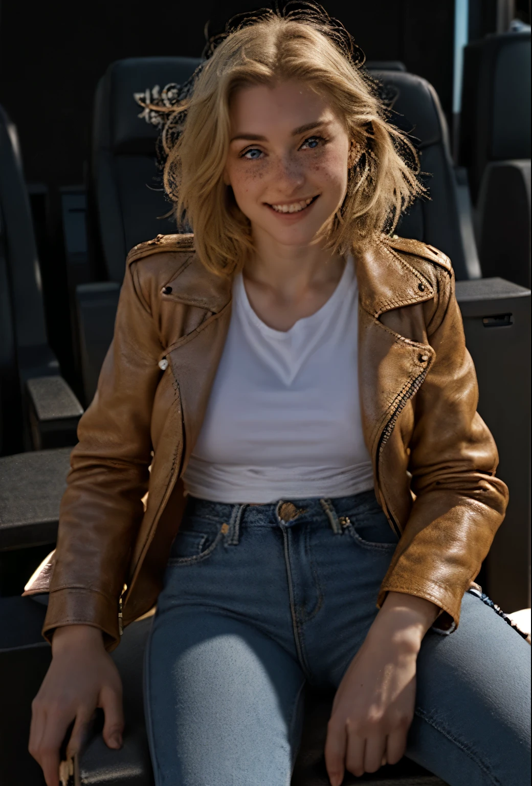 A 21 year old girl named Kate with short blonde hair, beautiful medium breasts, her height is 1.60, white British style, her eyes are light blue, Kate is beautiful, angelic face, has freckles in the nose area, Kate is wearing a beige leather women's jacket with a white shirt, kate wears a very light pair of jeans with white sneakers, Kate is sitting in a movie theater armchair with a bucket of popcorn on her lap paying attention to the movie, Kate is happy