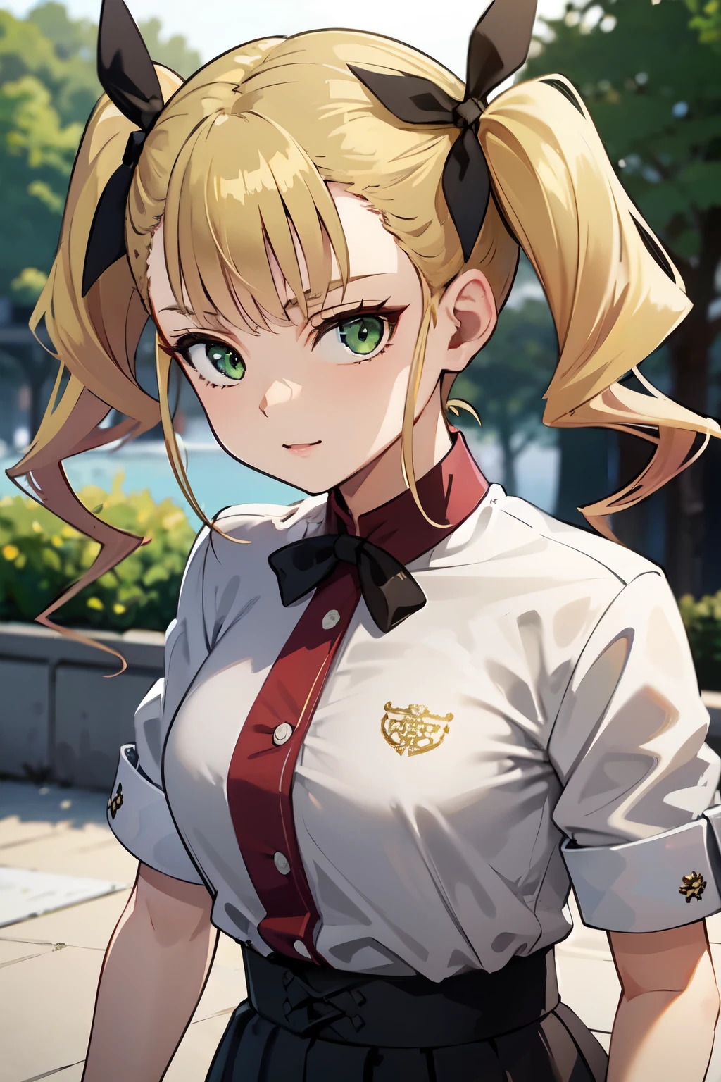 ((best quality)), ((masterpiece)), (detailed), perfect face. Asian girl. Blonde. Twintail. Black ribbon. Green eyes. Casual outfit.