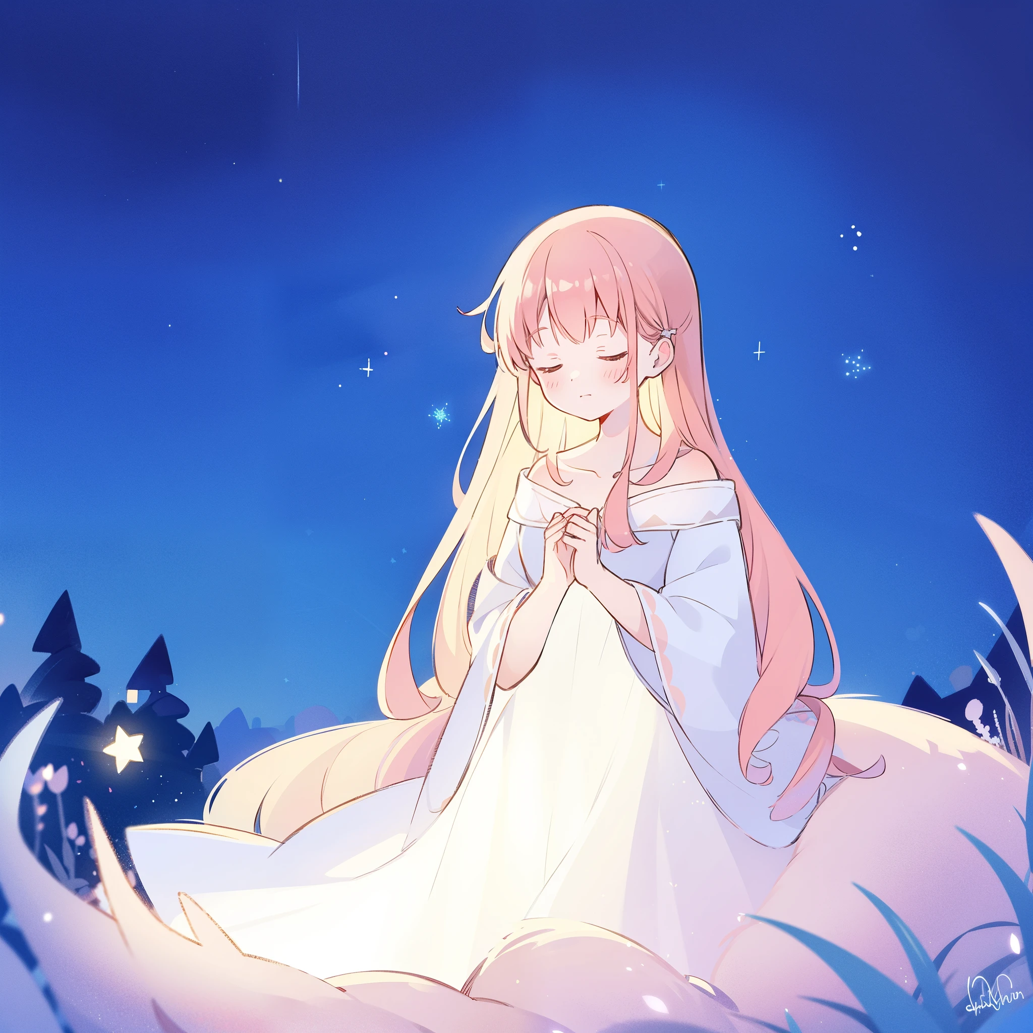 complex background, wishing star background, a woman wearing an ethereal mystical pink translucent dress that reflects the stars, dreamy, peaceful, serene composition, glowing stars, glowing, complex drawing, highly detailed, ethereal, starry night, midjourney style