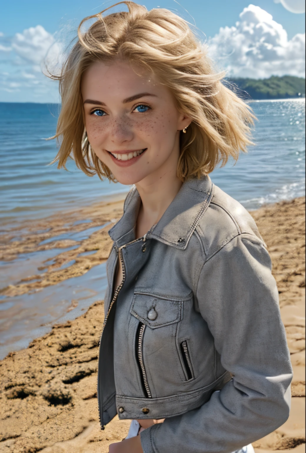A 21-year-old girl named Kate with short blonde hair, beautiful medium-sized breasts, and a height of 1.60 meters. She has a British white style and light blue eyes. Kate is beautiful, with an angelic face and freckles around her nose. She is wearing a beige women's leather jacket with a white shirt, very light jeans, and white sneakers. Kate is at the beach, shown in a side portrait smiling, with the sea in the background on a cloudy day with a few rays of sunlight.