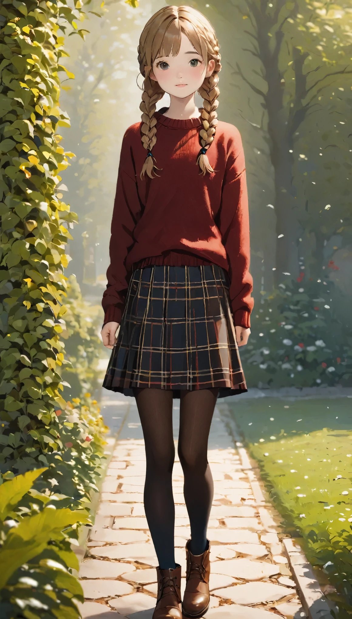 (high quality, High resolution, Super detailed, Realistic:1.37), Peaceful atmosphere, (Outdoor, garden), Teenage girl standing alone, small ,Full body shot、walk:1.5、 Beautiful and delicate braids), Ribbed sweater, Red Check Skirt, black tights, Brown boots.