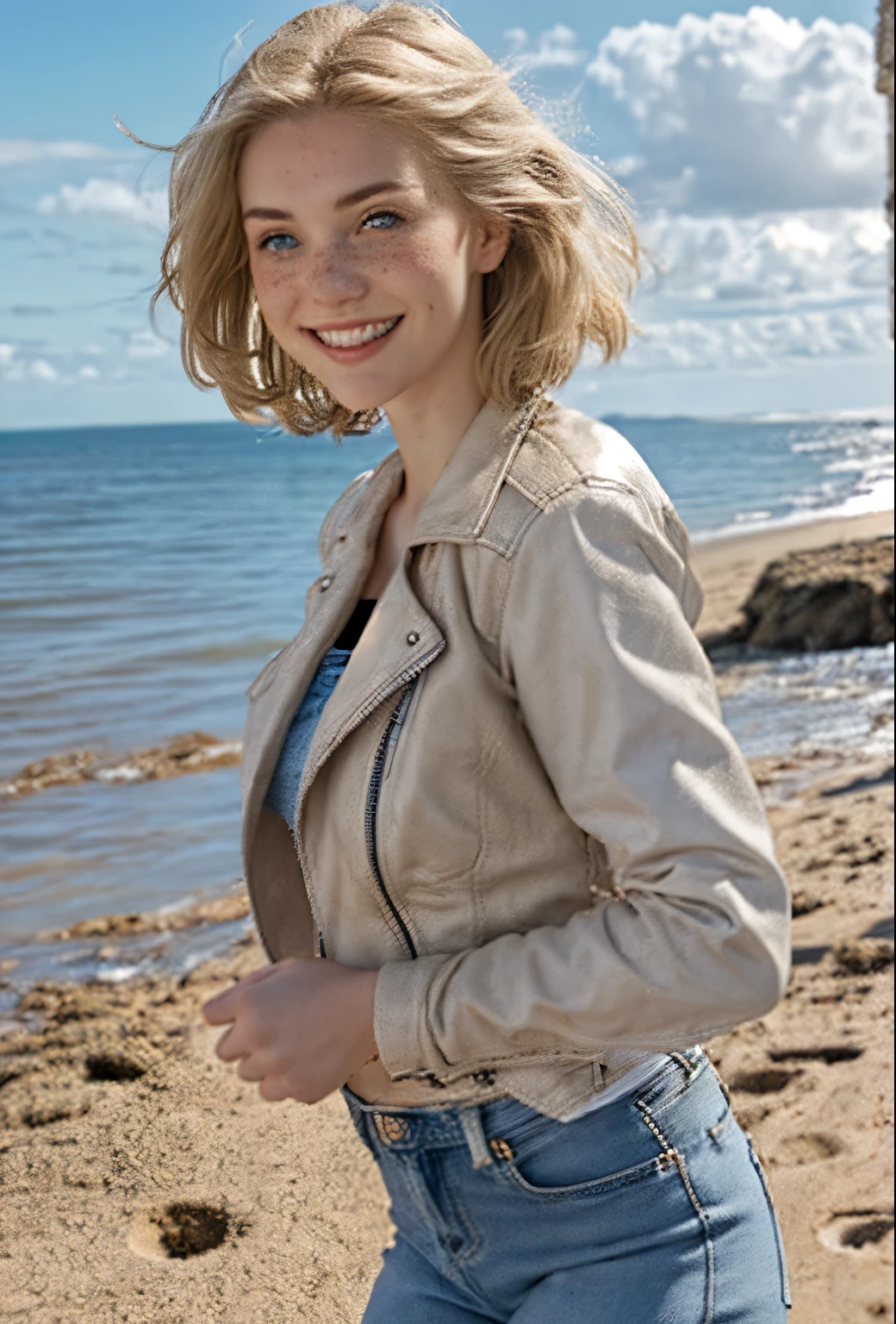 A 21-year-old girl named Kate with short blonde hair, beautiful medium-sized breasts, and a height of 1.60 meters. She has a British white style and light blue eyes. Kate is beautiful, with an angelic face and freckles around her nose. She is wearing a beige women's leather jacket with a white shirt, very light jeans, and white sneakers. Kate is at the beach, shown in a side portrait smiling, with the sea in the background on a cloudy day with a few rays of sunlight.