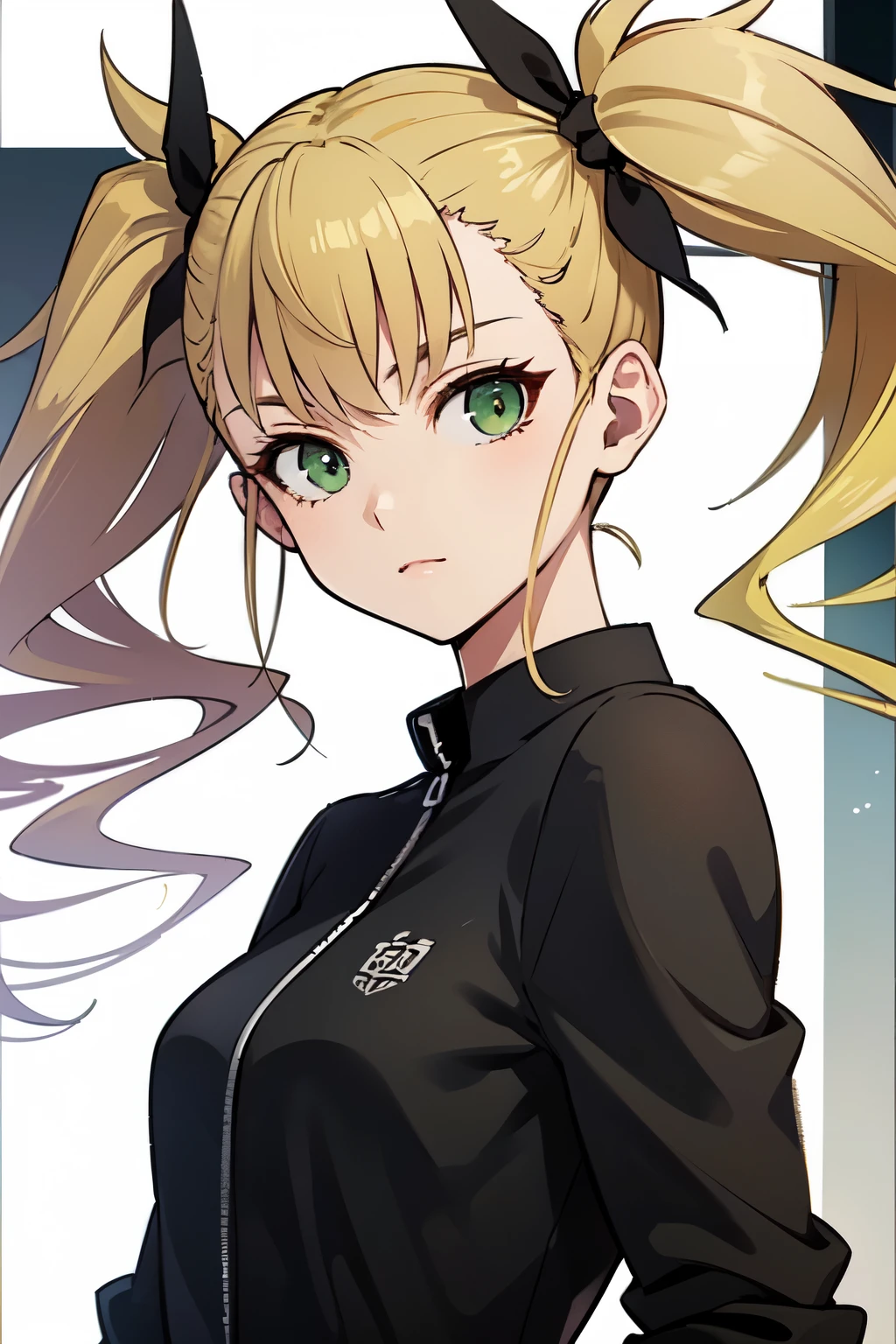 ((best quality)), ((masterpiece)), (detailed), perfect face. Asian girl. Blonde. Twintail. Black ribbon. Green eyes. Casual outfit.