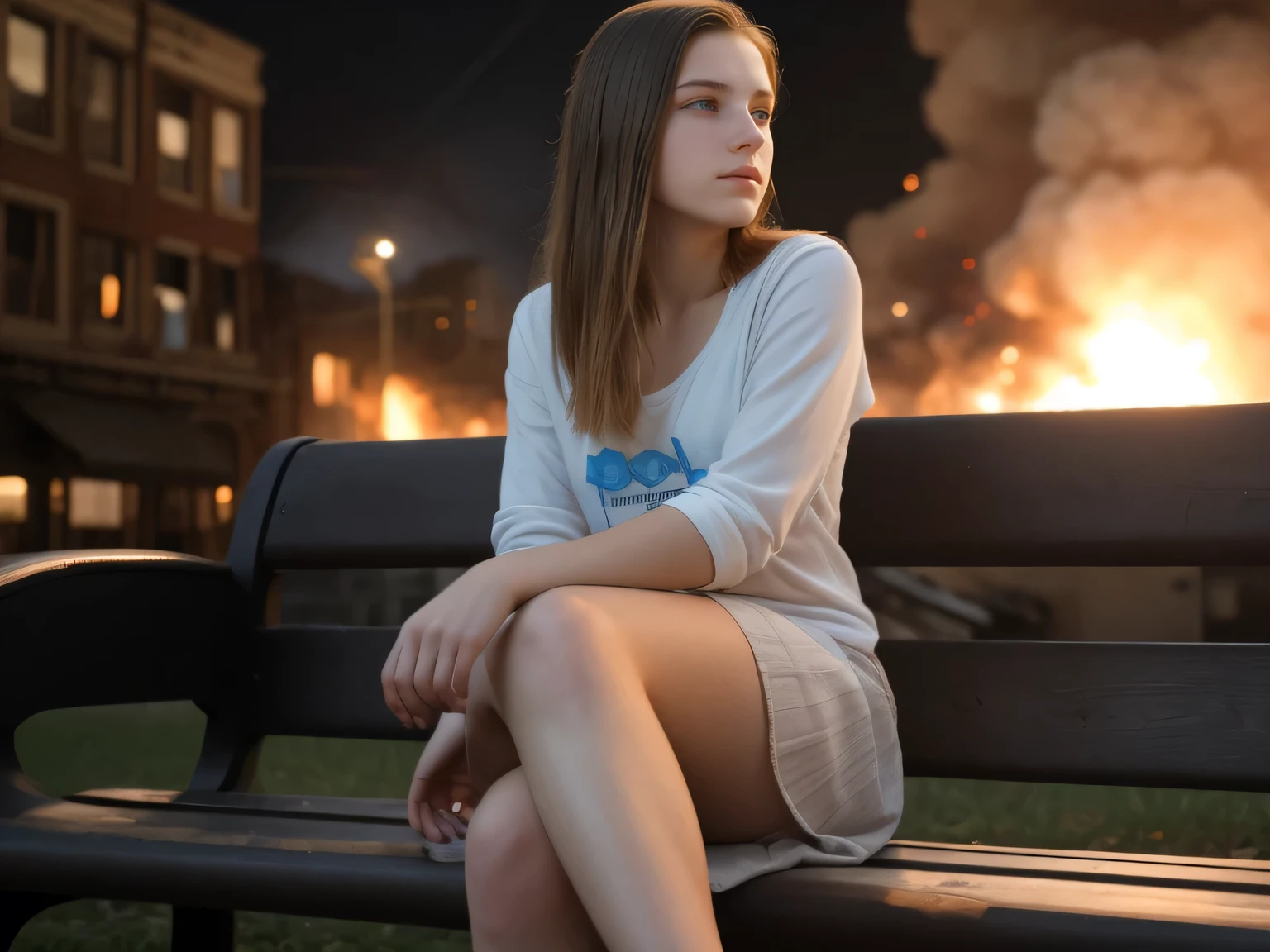 (((high definition))) a beautiful calm pale young ager sitting on a city bench, explosions and fire behind her, burning buildings
